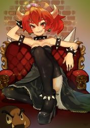 Rule 34 | 1girl, alternate eye color, alternate hair color, arm behind head, armlet, bare shoulders, black footwear, black thighhighs, borrowed design, bowsette, bracelet, breasts, brick wall, cleavage, collar, commentary, crown, dress, earrings, fingernails, full body, gold trim, goomba, grin, high heels, highres, horns, jewelry, kuzuno ha, lace, lace-trimmed dress, lace trim, legs, light particles, long hair, looking at viewer, mario (series), medium breasts, medium dress, nail polish, new super mario bros. u deluxe, nintendo, no bra, no tail, purple nails, raised eyebrow, red eyes, red hair, sharp fingernails, sharp teeth, sitting, smile, solo, sparkle, spiked anklet, spiked armlet, spiked bracelet, spiked collar, spiked shell, spikes, strapless, strapless dress, super crown, teeth, thighhighs, throne, turtle shell