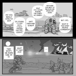 Rule 34 | 1boy, 1girl, adeptus astartes, armor, demon, english text, greyscale, highres, holding, holding knife, holding weapon, horns, knife, mick19988, monochrome, nurgle, power armor, running, salamanders, size difference, space marine, warhammer 40k, weapon