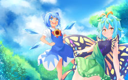 Rule 34 | 2girls, antennae, aqua hair, blue bow, blue dress, blue eyes, blue hair, blush, bow, butterfly wings, cirno, closed mouth, collared shirt, day, dress, eternity larva, fairy, flower, green dress, hair between eyes, hair bow, ice, ice wings, insect wings, leaf, leaf on head, multicolored clothes, multicolored dress, multiple girls, nagomian, open mouth, orange eyes, puffy short sleeves, puffy sleeves, round teeth, shirt, short hair, short sleeves, single strap, smile, sunflower, tanned cirno, teeth, touhou, upper teeth only, white shirt, wings