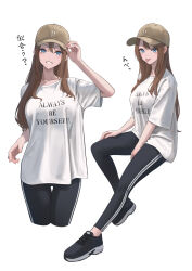 1girl :p absurdres baseball_cap black_leggings blue_eyes blush breasts brown_hair brown_hat commentary_request cropped_legs full_body hat highres leggings long_hair looking_at_viewer medium_breasts multiple_views original print_shirt shirt short_sleeves simple_background smile straight_hair t-shirt thigh_gap tongue tongue_out translation_request very_long_hair white_background white_shirt yukimaru_ai