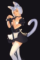 Rule 34 | 1girl, animal ears, apron, artist name, between legs, black dress, black neckwear, blunt bangs, bob cut, breasts, broom, buttons, cat ears, cat girl, cat tail, choker, cleavage, collarbone, commentary request, cowboy shot, dress, fingernails, frilled apron, frills, garter straps, head tilt, holding, holding broom, light purple hair, looking at viewer, maid, medium breasts, mole, mole under eye, mop, morry, nose, orange eyes, original, parted lips, pink lips, puffy short sleeves, puffy sleeves, short dress, short hair, short sleeves, solo, standing, tail, teeth, thighhighs, waist apron, white apron, white thighhighs, wrist cuffs
