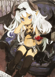 Rule 34 | &gt;:), 1girl, armchair, black panties, black thighhighs, blush, bottle, chair, cup, demon girl, demon horns, drinking glass, hair ribbon, hand on own cheek, hand on own face, head rest, holding, horns, looking at viewer, navel, original, panties, paprika shikiso, pointy ears, pouring, purple eyes, red wine, ribbon, sitting, smile, solo, thighhighs, underwear, v-shaped eyebrows, white hair, wine, wine glass