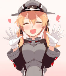 Rule 34 | 10s, 1girl, :d, anchor hair ornament, black ribbon, blew andwhite, blonde hair, blush, breasts, closed eyes, gloves, gradient background, hair between eyes, hair ornament, hair ribbon, hat, heart, highres, kantai collection, large breasts, long hair, long sleeves, military, military uniform, open mouth, peaked cap, prinz eugen (kancolle), ribbon, smile, solo, uniform, upper body, white gloves