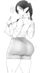 Rule 34 | 1girl, ?, ass, breasts, commentary, from behind, greyscale, huge breasts, looking back, mature female, monochrome, original, pointy ears, simple background, solo, spoken question mark, standing, symbol-only commentary, white background, xiangzi box
