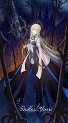 Rule 34 | 1girl, black thighhighs, blonde hair, blue eyes, boots, breasts, crown, dress, eyebrows hidden by hair, fate/grand order, fate (series), highres, holding, holding staff, long hair, looking at viewer, looking up, morgan le fay (fate), solo, staff, thigh boots, thighhighs, very long hair, xing muhen