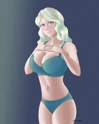 Rule 34 | 10s, 1girl, artist name, blue eyes, blush, bra, breasts, cleavage, cowboy shot, diana cavendish, female focus, green hair, large breasts, little witch academia, looking at viewer, medium hair, multicolored hair, navel, panties, solo, standing, thotticus-slayer, two-tone hair, underwear, wavy hair, wavy mouth, white hair