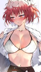 Rule 34 | 1girl, arknights, blush, bra, breasts, cleavage, closed mouth, collarbone, commentary request, cowboy shot, fiammetta (arknights), hair between eyes, highres, kyuu (plastic night q), lace, lace-trimmed bra, lace trim, large breasts, looking to the side, navel, open clothes, open shirt, red eyes, red hair, shirt, short hair, simple background, solo, stomach, sweatdrop, underwear, upper body, white background, white bra, white shirt