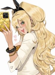 Rule 34 | 1girl, :d, animal print, blonde hair, blush, bra, bra peek, bracelet, breasts, cellphone, earrings, fang, from side, goddess of victory: nikke, gold nails, green eyes, gyaru, headgear, heart, highres, holding, holding phone, hoop earrings, jewelry, kitty keihara, large breasts, leopard print, long hair, looking at viewer, nail polish, open mouth, phone, ponytail, rupee (nikke), scrunchie, shirt, simple background, smartphone, smile, solo, underwear, white background, white shirt, wrist scrunchie