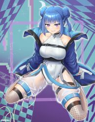 Rule 34 | 1girl, absurdres, bare shoulders, blue hair, covered navel, double bun, duel monster, evil twin lil-la, fishnet thighhighs, fishnets, grin, hair bun, highres, jacket, leotard, lil-la (yu-gi-oh!), official alternate costume, open clothes, open jacket, purple eyes, sitting, smile, solo, thighhighs, wariza, wislley, yu-gi-oh!