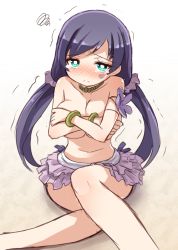 Rule 34 | 10s, 1girl, bare legs, bikini, bikini skirt, blush, bracelet, breasts, commentary request, covering privates, covering breasts, crossed legs, embarrassed, flower, heart, jewelry, large breasts, love live!, love live! school idol project, natsuiro egao de 1 2 jump!, navel, necklace, purple hair, shipii (jigglypuff), sitting, solo, squiggle, tears, topless, tojo nozomi, trembling, twintails