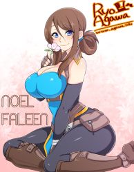 Rule 34 | 1girl, agawa ryou, artist name, bad id, bad tumblr id, blue eyes, boots, borrowed character, breasts, brown footwear, brown hair, character name, cleavage, elbow gloves, female focus, fingerless gloves, flower, folded ponytail, gloves, knee boots, large breasts, long hair, original, sidelocks, sitting, skin tight, sleeveless, smile, solo, watermark, web address