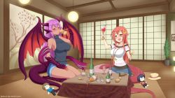 Rule 34 | 10s, 2girls, :d, alcohol, animal hands, backless dress, backless outfit, bare shoulders, blush, bottle, breasts, claws, closed eyes, covered erect nipples, crossover, cup, dark-skinned female, dark skin, doll, dragon girl, dress, drinking, drinking glass, drunk, extra mouth, fang, glass, hair ornament, hairclip, hat, highres, horns, imageboard desourced, jabberwock (monster girl encyclopedia), jewelry, kainkout, kotatsu, lamia, large breasts, long hair, long tongue, miia (monster musume), monster girl, monster girl encyclopedia, monster musume no iru nichijou, multiple girls, necklace, non-web source, open mouth, pointy ears, purple hair, red hair, scales, seiza, shouji, sideboob, sitting, sliding doors, slit pupils, smile, spilling, sweater, table, tongue, tongue out, turtleneck, turtleneck sweater, unworn hat, unworn headwear, very long hair, wine, wine bottle, wine glass, wings, yellow eyes