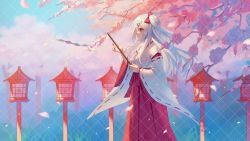 Rule 34 | 1girl, blue sky, bow, branch, cherry blossoms, chi yei, closed mouth, cloud, commentary request, day, flower, gohei, hair bow, hair ornament, hairclip, hakama, hakama skirt, highres, holding, japanese clothes, kimono, long hair, long sleeves, miko, original, outdoors, pink flower, red bow, red eyes, red hakama, ribbon-trimmed sleeves, ribbon trim, skirt, sky, solo, two side up, very long hair, white hair, white kimono, wide sleeves