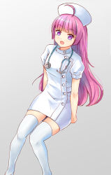 Rule 34 | 1girl, :d, ahoge, blush, commentary request, dress, feet out of frame, gradient background, grey background, hat, hojo sophy, long hair, looking at viewer, nurse, nurse cap, okiru, open mouth, pink hair, pretty series, pripara, puffy short sleeves, puffy sleeves, purple eyes, short sleeves, sitting, smile, solo, stethoscope, thighhighs, very long hair, white dress, white hat, white thighhighs