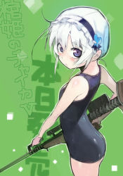 Rule 34 | 10s, 1girl, ass, blue eyes, blush, body blush, chaika trabant, check translation, female focus, green background, gun, hair ornament, hitsugi no chaika, holding, looking at viewer, namaniku atk, one-piece swimsuit, outline, school swimsuit, short hair, simple background, sketch, solo, standing, sweat, swim cap, swimsuit, text focus, translated, translation request, weapon, wet, white hair