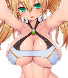 Rule 34 | 1girl, :d, armpits, asamura hiori, bare arms, bare shoulders, bikini, blonde hair, blush, breasts, cleavage, cleavage cutout, clothing cutout, foreshortening, gene (pso2), green hair, hair between eyes, highres, large breasts, long hair, looking at viewer, multicolored hair, open mouth, outstretched arms, phantasy star, phantasy star online 2, shiny skin, smile, solo, streaked hair, swimsuit, twintails, underboob, upper body, white bikini