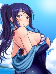 Rule 34 | 10s, 1girl, ass, bad id, bad twitter id, bare shoulders, bikini, blue hair, blush, bodysuit, breasts, cloud, covered erect nipples, day, diving suit, large breasts, long hair, looking at viewer, looking back, love live!, love live! school idol festival, love live! sunshine!!, matsuura kanan, ocean, off shoulder, open mouth, ponytail, purple eyes, robin16, sky, solo, strap gap, striped bikini, striped clothes, swimsuit, undressing, wetsuit