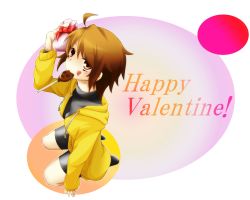 Rule 34 | 1girl, ahoge, bike shorts, breasts, brown eyes, brown hair, candy, chocolate, gift, happy valentine, haruto (haru re26), heart, highres, hood, hood down, hoodie, kneeling, linne, lollipop, mouth hold, open clothes, open hoodie, seiza, short hair, sitting, small breasts, solo, turtleneck, under night in-birth