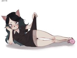 Rule 34 | 1girl, animal ears, animal slippers, arm support, black dress, black eyes, black hair, blush, breasts, bunny slippers, cat ears, claire (the summoning), clitoris, closed mouth, clothes lift, covered erect nipples, dated, dress, dress lift, drosophyllum21, facial mark, female focus, fingernails, flashing, forehead mark, full body, furry, furry female, gluteal fold, gradient hair, green hair, hand up, head rest, highres, jpeg artifacts, legs together, long hair, looking at viewer, lying, multicolored hair, no panties, nose blush, on side, pentagram, pink footwear, pussy, short dress, short sleeves, simple background, slippers, small breasts, solo, the summoning, thigh gap, third-party edit, uncensored, white background