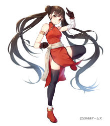 Rule 34 | 1girl, alexmaster, armlet, bandaged arm, bandages, bare shoulders, black thighhighs, breasts, china dress, chinese clothes, commentary request, copyright request, dmm, dress, fighting stance, full body, gloves, gold trim, hair spread out, leg lift, legs, long hair, looking at viewer, medium breasts, medium dress, official art, pelvic curtain, red dress, red footwear, serious, simple background, solo, standing, standing on one leg, thighhighs, v-shaped eyebrows, very long hair, watermark, white background