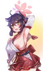 Rule 34 | 1girl, ahoge, animal ears, arm behind head, armpits, black hair, blue archive, blush, bow (bhp), breasts, cowboy shot, detached sleeves, hair between eyes, hair ornament, hakama, hakama skirt, halo, huge breasts, japanese clothes, kaede (blue archive), looking at viewer, nipples, one breast out, open mouth, oppai loli, red hakama, revision, short hair, skirt, solo, sweat