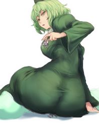 Rule 34 | 3girls, ass, breasts, colorized, dress, from behind, ghost tail, giant, giantess, green dress, green eyes, green hair, hat, highres, long sleeves, looking back, mononobe no futo, multiple girls, open mouth, puffy sleeves, short hair, simple background, sitting, sitting on person, size difference, sketch, soga no tojiko, sweatdrop, tate eboshi, touhou, toyosatomimi no miko, utopia, white background, wide sleeves