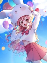 Rule 34 | 1girl, :d, animal ears, animal hat, arms up, balloon, blue sky, blush, chyoling, cloud, commentary, day, dutch angle, hat, long hair, long sleeves, open mouth, original, outdoors, pink hair, pleated skirt, rabbit ears, rabbit hat, red eyes, red sailor collar, red skirt, round teeth, sailor collar, school uniform, serafuku, shirt, skirt, sky, smile, solo, symbol-only commentary, teeth, twitter username, upper teeth only, very long hair, white shirt