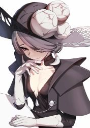 Rule 34 | 1girl, black dress, black hat, breasts, cleavage, closed mouth, cogita (pokemon), commentary request, creatures (company), cropped jacket, dress, flower, game freak, gloves, grey hair, hair over one eye, hand up, hat, hat flower, highres, jacket, nintendo, open clothes, open jacket, pokemon, pokemon legends: arceus, rakuga kiya, short hair, simple background, small breasts, smile, solo, table, white background, white flower, white gloves