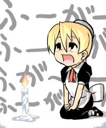 Rule 34 | 00s, 1girl, android, blonde hair, candle, female focus, flandre (kaibutsu oujo), full body, kaibutsu oujo, kneeling, loungena, maid, solo, white background