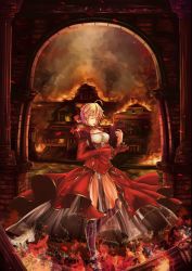 Rule 34 | 10s, 1girl, ahoge, armor, blonde hair, breasts, cleavage, destruction, dress, epaulettes, closed eyes, fate/extra, fate/stay night, fate (series), fire, greaves, hair ribbon, harp, instrument, jianren, lyre, nero claudius (fate), nero claudius (fate) (all), nero claudius (fate/extra), pillar, ribbon, see-through, solo