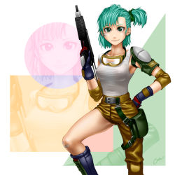 Rule 34 | 1girl, alternate hairstyle, asymmetrical clothes, asymmetrical hair, bad id, bad pixiv id, bandaid, bandaid on face, bandaid on knee, bandaid on leg, belt, blue hair, breasts, bulma, collarbone, covered erect nipples, dragon ball, dragonball z, elbow gloves, gloves, goggles, goggles around neck, goh1090, green eyes, gun, hand on own hip, hip focus, medium breasts, shirt, short hair, side ponytail, solo, tank top, taut clothes, taut shirt, weapon