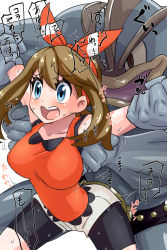 Rule 34 | 1boy, 1girl, arms up, belt, bike shorts, black male underwear, blue eyes, blush, boxer briefs, breasts, brown eyes, brown hair, collarbone, colored skin, cowboy shot, creatures (company), extra arms, game freak, gen 1 pokemon, grey skin, hairband, holding another&#039;s arm, japanese text, large breasts, laughing, leaning forward, legs apart, long hair, machamp, male underwear, may (pokemon), motion lines, multiple hands, muscular, muscular male, nintendo, open mouth, outstretched arms, pokemon, pokemon (creature), pokemon oras, red hairband, red shirt, restrained, shirt, short shorts, shorts, sidelocks, simple background, sleeveless, sleeveless shirt, smile, solo focus, speech bubble, spread arms, standing, sweat, talking, teeth, tickling, tororonoyama, translation request, trembling, underwear, white background, white shorts, wide-eyed