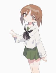 Rule 34 | 1girl, arm at side, black neckerchief, blouse, brown eyes, brown hair, closed mouth, daizu (melon-lemon), eyes visible through hair, feet out of frame, from side, girls und panzer, green skirt, grey background, hand up, head tilt, highres, light smile, long sleeves, looking at viewer, looking to the side, looking up, miniskirt, neckerchief, nishizumi miho, no nose, ooarai school uniform, pleated skirt, sailor collar, school uniform, serafuku, shirt, short hair, simple background, skirt, solo, tareme, v, white sailor collar, white shirt