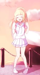 Rule 34 | 1girl, :d, ^ ^, backpack, bad id, bad pixiv id, bag, blonde hair, blush, boat, chain, closed eyes, cloud, creatures (company), evening, facing viewer, full body, game freak, happy, lillie (pokemon), long hair, mei (maysroom), nintendo, open mouth, orange sky, pier, pigeon-toed, pleated skirt, pokemon, pokemon sm, ponytail, railing, round teeth, shirt, shoes, short sleeves, signature, skirt, sky, smile, socks, solo, standing, stone floor, teeth, watercraft, white footwear, white shirt, white skirt, white socks, yacht