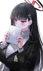 Rule 34 | 1girl, absurdres, black hair, black suit, blue archive, blunt bangs, blush, bright pupils, formal, hair ornament, hairclip, halo, highres, holding, holding tablet pc, id card, long hair, long sleeves, red eyes, rio (blue archive), simple background, solo, suit, sweater, tablet pc, turtleneck, turtleneck sweater, watch, white background, white sweater, wristwatch, yuki (asayuki101)