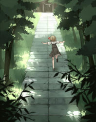 Rule 34 | 1girl, blonde hair, forest, frilled skirt, frills, hair ribbon, hakurei shrine, nature, outstretched arms, ribbon, rumia, sh (shinh), shirt, short hair, short sleeves, shrine, skirt, spread arms, stairs, touhou, vest