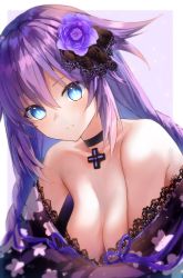 Rule 34 | 1girl, absurdres, alternate costume, bare shoulders, black choker, black dress, blue eyes, braid, breasts, choker, cleavage, d-pad, dress, floral print, flower, hair between eyes, hair flower, hair ornament, highres, jewelry, lace, lace-trimmed dress, lace trim, leaning forward, lims (neko2lims), looking at viewer, medium breasts, necklace, neptune (series), power symbol, power symbol-shaped pupils, purple dress, purple flower, purple hair, purple heart (neptunia), smile, solo, strapless, strapless dress, symbol-shaped pupils, twin braids, twintails, upper body