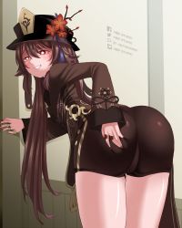 Rule 34 | 1girl, absurdres, against wall, ass, ass grab, bent over, blush, brown hair, cameltoe, chinese clothes, coattails, come hither, deep skin, from behind, genshin impact, grin, hat, hiep studio, highres, hu tao (genshin impact), leaning, leaning forward, long hair, looking at viewer, red eyes, shiny clothes, shiny skin, short shorts, shorts, smile, solo, twintails, very long hair