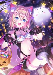 1girl animal_ear_fluff animal_ears bare_shoulders black_shorts black_thighhighs blonde_hair blue_eyes breasts candy dog_ears dog_girl fake_horns food full_moon hairband halloween halloween_bucket halloween_costume highres hololive hololive_english horns lace lace_thighhighs mococo_abyssgard moon multicolored_hair navel night outdoors perroccino_(fuwamoco) pink_hair pink_hairband redpepperoni00 revealing_clothes short_hair short_shorts shorts small_breasts solo_focus spiked_hairband spikes star_(symbol) stomach streaked_hair thighhighs two-tone_hair virtual_youtuber