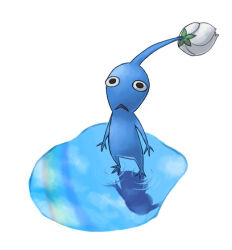 Rule 34 | black eyes, blue pikmin, blue skin, blue sky, bud, cloud, colored skin, commentary request, looking at viewer, naru (wish field), nintendo, no humans, pikmin (creature), pikmin (series), puddle, rainbow, reflection, reflective water, ripples, simple background, sky, solo, triangle mouth, white background