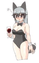 Rule 34 | 10s, 1girl, absurdres, alternate costume, animal ears, blush, bow, bowtie, cowboy shot, cup, drinking glass, fox ears, fox tail, grey hair, highres, kemono friends, leotard, multicolored hair, nontraditional playboy bunny, nose blush, omnisucker, playboy bunny, red wine, short hair, sleeve cuffs, solo, tail, wine, wine glass