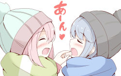 Rule 34 | 2girls, aikawa ryou, blue hair, blush, commentary request, closed eyes, feeding, food, hat, kagamihara nadeshiko, marshmallow, multiple girls, open mouth, pink hair, pom pom (clothes), scarf, shima rin, simple background, white background, yuri, yurucamp