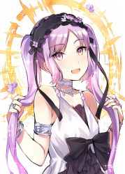 Rule 34 | 1girl, :d, bare arms, bare shoulders, black bow, bow, bracelet, choker, dress, euryale (fate), euryale (third ascension) (fate), fate/hollow ataraxia, fate (series), hairband, head tilt, holding, holding hair, jewelry, light purple hair, lolita hairband, long hair, looking at viewer, necklace, open mouth, purple eyes, sleeveless, sleeveless dress, smile, solo, sparkle, tan (tangent), twintails, upper body