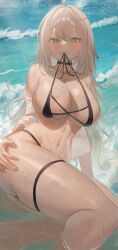 Rule 34 | 1girl, bare shoulders, bikini, black bikini, black choker, blonde hair, blush, breasts, choker, cleavage, collarbone, commentary, commission, dea (adenim1209), english commentary, green eyes, highres, large breasts, long hair, looking at viewer, lying, navel, ocean, on side, original, outdoors, parted lips, partially submerged, smile, solo, stomach, swimsuit, teeth, thigh strap, thighs, water, wet