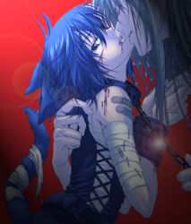 Rule 34 | 00s, 2boys, agatsuma soubi, animal ears, aoyagi ritsuka, bandages, bare shoulders, bdsm, blood, blood on face, blood on mouth, blue eyes, blue hair, bondage, bound, cat ears, chain, collar, cuffs, gradient background, handcuffs, kiss, leash, looking to the side, loveless, lowres, male focus, multiple boys, plaster, red background, standing, yaoi