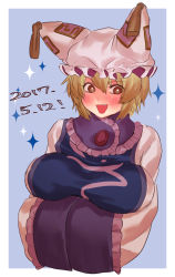 Rule 34 | 1girl, blonde hair, blush, breasts, brown eyes, fang, hair between eyes, hands in opposite sleeves, hat, highres, large breasts, looking at viewer, masanaga (tsukasa), mob cap, open mouth, short hair, solo, sparkle, touhou, upper body, yakumo ran
