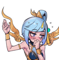 Rule 34 | 1girl, arm up, bare shoulders, blue eyes, blush, breasts, commentary, covering own mouth, flying sweatdrops, grey hair, hair rings, hand over own mouth, league of legends, lowres, lunar empress lux, lux (league of legends), medium breasts, phantom ix row, shiny skin, short hair, simple background, solo, sweat, symbol-only commentary, white background