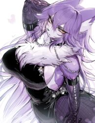 Rule 34 | animal ear fluff, animal ears, breasts, cocktail dress, dress, fang, fishnet thighhighs, fishnets, fluffy, furry, furry female, highres, jewelry, large breasts, looking at viewer, orange eyes, original, purple fur, purple hair, side slit, sideboob, thick thighs, thighhighs, thighs, usa37107692, white fur, wide hips, wolf ears, wolf girl