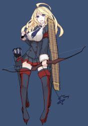 Rule 34 | 10s, 1girl, ahoge, arrow (projectile), bad id, bad pixiv id, blonde hair, blue background, blue eyes, boots, bow, breasts, commentary request, flight deck, highres, kantai collection, large breasts, long hair, mikoto (oi plus), military, military uniform, miniskirt, necktie, original, personification, quiver, signature, simple background, skirt, solo, thigh boots, thighhighs, uniform, united states, uss enterprise (cv-6), zettai ryouiki