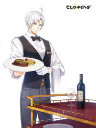 Rule 34 | 1boy, ahoge, asparagus, badge, belt, black belt, black bow, black bowtie, black vest, bottle, bow, bowtie, cart, cherry tomato, closed mouth, closers, collared shirt, copyright name, cowboy shot, cup, drinking glass, food, gloves, grey eyes, grey pants, hands up, highres, holding, holding plate, j (closers), logo, looking down, male focus, official art, pants, parted bangs, plate, serving cart, shirt, short hair, sleeves past elbows, smile, solo, steak, tomato, towel, towel on arm, traditional bowtie, vest, waistcoat, waiter, white background, white gloves, white hair, white shirt, white towel, wine bottle, wine glass